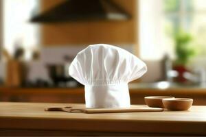 White cook hat in the kitchen table and copy space for your decoration. Advertising photography concept by AI Generated photo