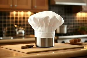 blanco cocinar sombrero en el cocina mesa y Copiar espacio para tu decoración. publicidad fotografía concepto por ai generado foto