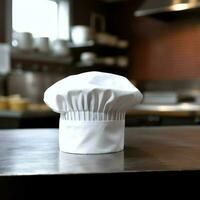 White cook hat in the kitchen table and copy space for your decoration. Advertising photography concept by AI Generated photo