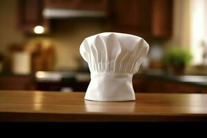 White cook hat in the kitchen table and copy space for your decoration. Advertising photography concept by AI Generated photo