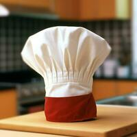 White cook hat in the kitchen table and copy space for your decoration. Advertising photography concept by AI Generated photo