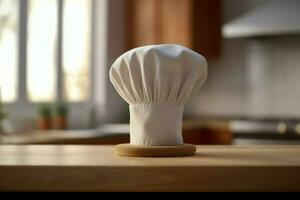 White cook hat in the kitchen table and copy space for your decoration. Advertising photography concept by AI Generated photo