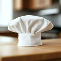 White cook hat in the kitchen table and copy space for your decoration. Advertising photography concept by AI Generated photo