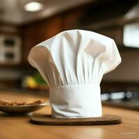 White cook hat in the kitchen table and copy space for your decoration. Advertising photography concept by AI Generated photo