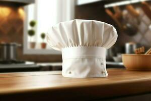 White cook hat in the kitchen table and copy space for your decoration. Advertising photography concept by AI Generated photo