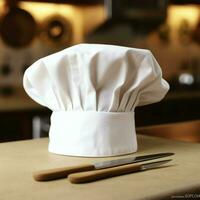 White cook hat in the kitchen table and copy space for your decoration. Advertising photography concept by AI Generated photo