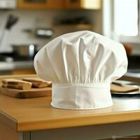 White cook hat in the kitchen table and copy space for your decoration. Advertising photography concept by AI Generated photo