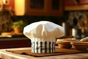 White cook hat in the kitchen table and copy space for your decoration. Advertising photography concept by AI Generated photo