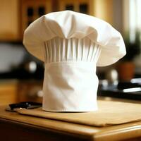 blanco cocinar sombrero en el cocina mesa y Copiar espacio para tu decoración. publicidad fotografía concepto por ai generado foto