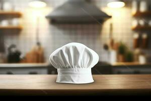 White cook hat in the kitchen table and copy space for your decoration. Advertising photography concept by AI Generated photo