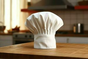 White cook hat in the kitchen table and copy space for your decoration. Advertising photography concept by AI Generated photo