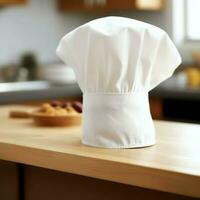 White cook hat in the kitchen table and copy space for your decoration. Advertising photography concept by AI Generated photo