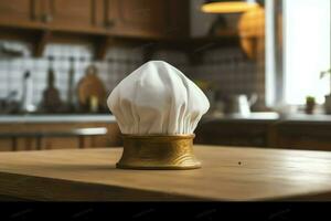 blanco cocinar sombrero en el cocina mesa y Copiar espacio para tu decoración. publicidad fotografía concepto por ai generado foto