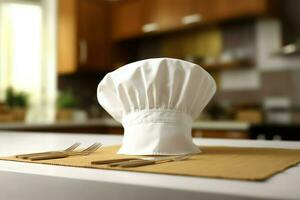 White cook hat in the kitchen table and copy space for your decoration. Advertising photography concept by AI Generated photo