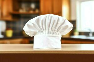 blanco cocinar sombrero en el cocina mesa y Copiar espacio para tu decoración. publicidad fotografía concepto por ai generado foto