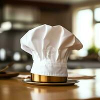 White cook hat in the kitchen table and copy space for your decoration. Advertising photography concept by AI Generated photo