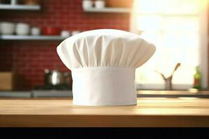 White cook hat in the kitchen table and copy space for your decoration. Advertising photography concept by AI Generated photo