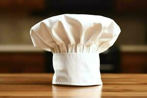 White cook hat in the kitchen table and copy space for your decoration. Advertising photography concept by AI Generated photo