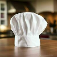 White cook hat in the kitchen table and copy space for your decoration. Advertising photography concept by AI Generated photo