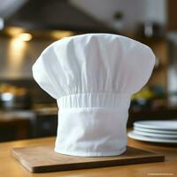 White cook hat in the kitchen table and copy space for your decoration. Advertising photography concept by AI Generated photo