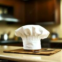 White cook hat in the kitchen table and copy space for your decoration. Advertising photography concept by AI Generated photo