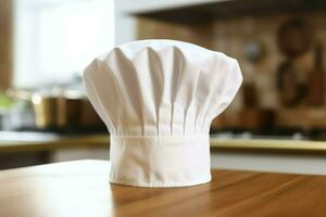 White cook hat in the kitchen table and copy space for your decoration. Advertising photography concept by AI Generated photo