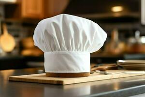 White cook hat in the kitchen table and copy space for your decoration. Advertising photography concept by AI Generated photo