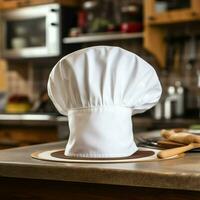 White cook hat in the kitchen table and copy space for your decoration. Advertising photography concept by AI Generated photo