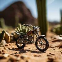 metal toy model of a road sports motorcycle stands on the dessert, Generative ai photo