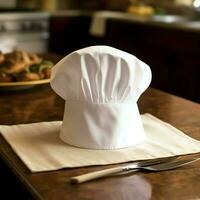 White cook hat in the kitchen table and copy space for your decoration. Advertising photography concept by AI Generated photo