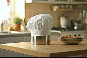White cook hat in the kitchen table and copy space for your decoration. Advertising photography concept by AI Generated photo
