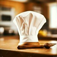 White cook hat in the kitchen table and copy space for your decoration. Advertising photography concept by AI Generated photo