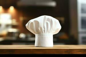 White cook hat in the kitchen table and copy space for your decoration. Advertising photography concept by AI Generated photo