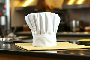 White cook hat in the kitchen table and copy space for your decoration. Advertising photography concept by AI Generated photo