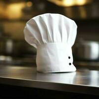 White cook hat in the kitchen table and copy space for your decoration. Advertising photography concept by AI Generated photo