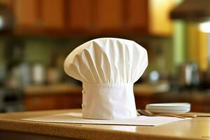 White cook hat in the kitchen table and copy space for your decoration. Advertising photography concept by AI Generated photo