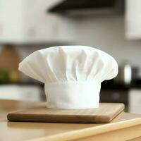 White cook hat in the kitchen table and copy space for your decoration. Advertising photography concept by AI Generated photo