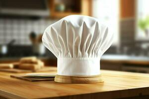 White cook hat in the kitchen table and copy space for your decoration. Advertising photography concept by AI Generated photo