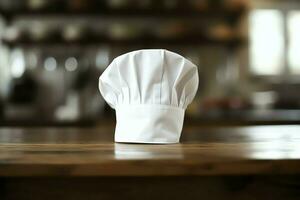 White cook hat in the kitchen table and copy space for your decoration. Advertising photography concept by AI Generated photo