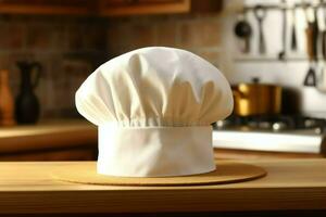 White cook hat in the kitchen table and copy space for your decoration. Advertising photography concept by AI Generated photo