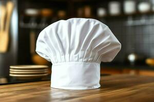 White cook hat in the kitchen table and copy space for your decoration. Advertising photography concept by AI Generated photo