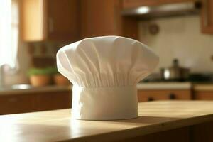 White cook hat in the kitchen table and copy space for your decoration. Advertising photography concept by AI Generated photo