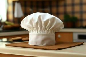 White cook hat in the kitchen table and copy space for your decoration. Advertising photography concept by AI Generated photo