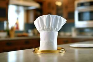 White cook hat in the kitchen table and copy space for your decoration. Advertising photography concept by AI Generated photo