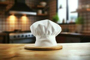 White cook hat in the kitchen table and copy space for your decoration. Advertising photography concept by AI Generated photo