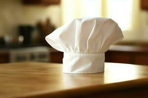 White cook hat in the kitchen table and copy space for your decoration. Advertising photography concept by AI Generated photo