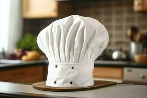 White cook hat in the kitchen table and copy space for your decoration. Advertising photography concept by AI Generated photo