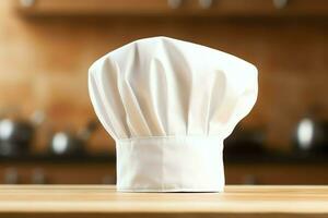 White cook hat in the kitchen table and copy space for your decoration. Advertising photography concept by AI Generated photo