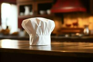 blanco cocinar sombrero en el cocina mesa y Copiar espacio para tu decoración. publicidad fotografía concepto por ai generado foto