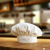 White cook hat in the kitchen table and copy space for your decoration. Advertising photography concept by AI Generated photo